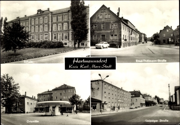 Postcard Hartmannsdorf, school, Ernst-Thälmann-Strasse, Leipziger Strasse, town center