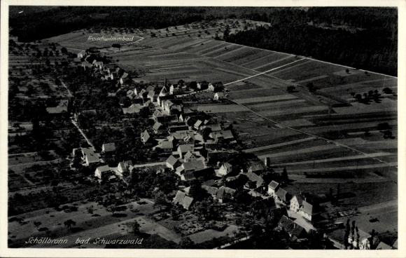 Postcard Schöllbronn Ettlingen in Baden, aerial view of the Black Forest, outdoor swimming pool