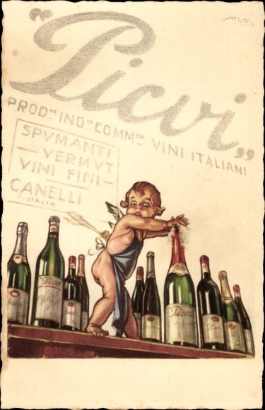 Artist Postcard Picvi, champagne bottles, counters, angels, aprons, Spumanti, Vermut, Vini Fini, Canelli