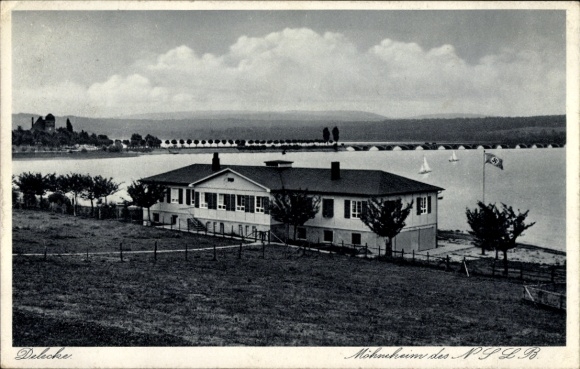 Ak Delecke Möhnesee in Westfalen, Möhneheim, Gebäude, Seeblick, Segelboote, Landschaft
