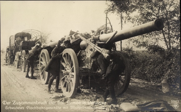 Postcard Friuli Venezia Giulia, collapse of the Italian army, captured flat-track gun, I WW