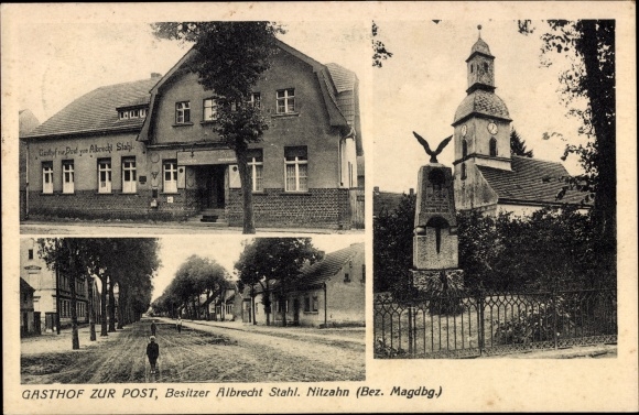 Postcard Nitzahn Milower Land in Havelland, Gasthof zur Post, church, war memorial