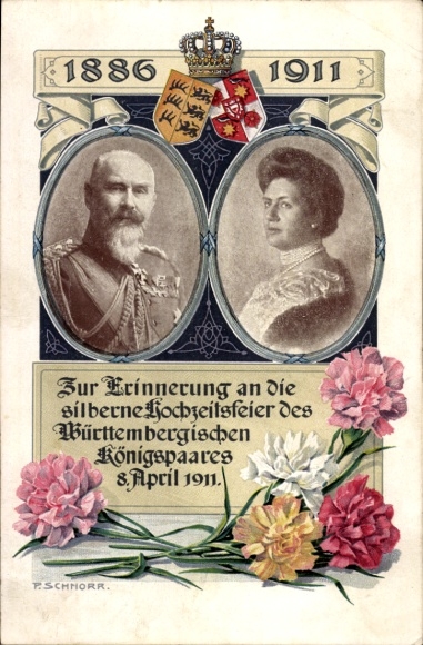 Artist Postcard Schnorr, King Wilhelm II of Württemberg, Queen Charlotte, Silver Wedding 1911, Coat of Arms