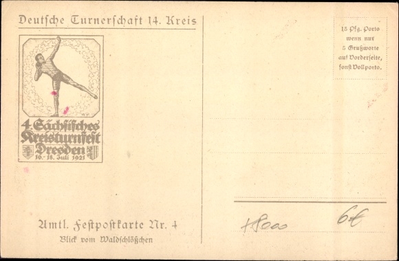 Artist coat of arms PC Dresden, 4th Saxon district gymnastics festival 1921, city view from the small forest castle