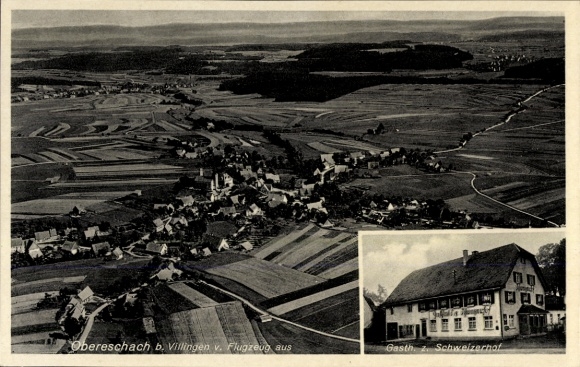 Ak Obereschach Villingen Schwenningen in het Zwarte Woud, luchtfoto van Gasthaus Schweizerhof, lä