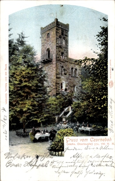 Ak Cunewalde in Oberlausitz, Czorneboh, rots met uitkijktoren, openluchtrestaurant, bl...