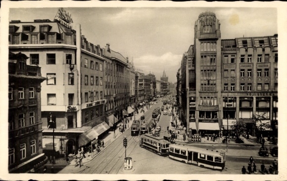 Postcard Praha Prague, Graben, Prikopy, trams, buildings