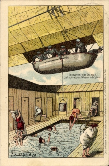Künstler Ak Kneiß, Emil, ILA Frankfurt M., Ballon, Jestatten die Damen daß wir etwas Wasser schöpfen