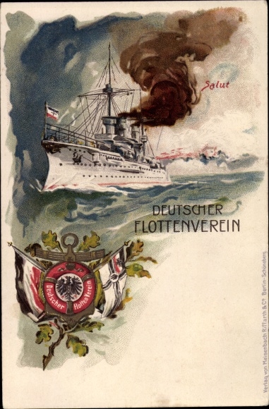 Chromo-Litho of the German fleet association, German warship, salute, flags, Imperial Navy