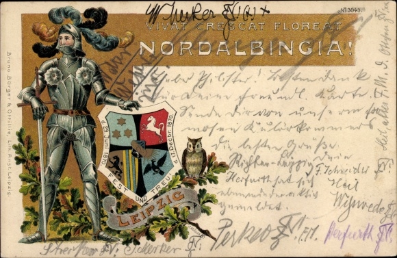 Studentika Embossed Chromo-Litho Leipzig, Nordalbingia, Knight, Coat of Arms, BB&amp;OL 3043