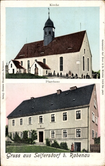 Golden Windows Leuchtfenster Ak Seifersdorf Dippoldiswalde im Osterzgebirge, Kirche, Pfarrhaus