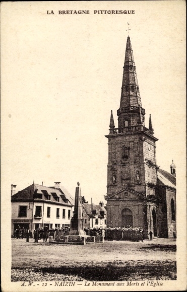 Postcard Naizin Morbihan, war memorial and church
