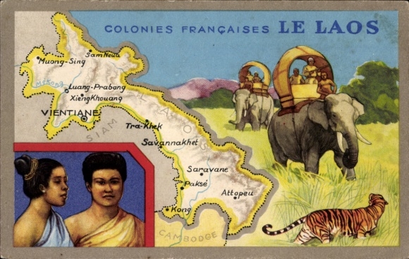 Landkarten Ak Vientiane Laos, Colonies Francaises, Elefanten, Tiger