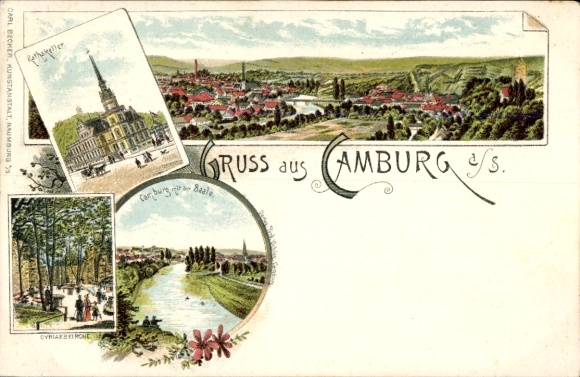 Litho Camburg in Thüringen, Rathskeller, Cyriakskirche, Saale, Panorama
