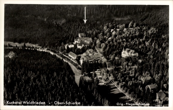 Postcard Schierke Wernigerode in the Harz, Kurhotel Waldfrieden, aerial photography, hotels, forests, mountains