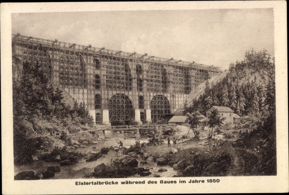 Postcard Jocketa Pöhl in Vogtland, Elster Viaduct under construction, 1850