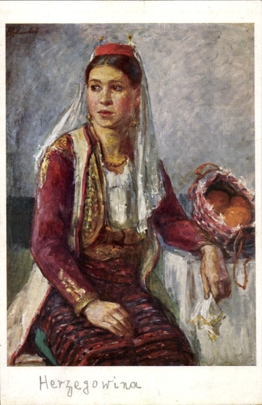 Postcard Bosnia Herzegovina, woman in traditional costume