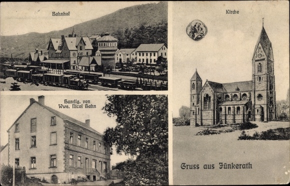 Postcard Jünkerath in the Eifel, train station, track side, church, action, water tower