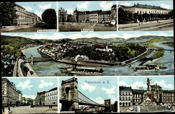 Ak Děčín Tetschen Bodenbach Elbe Reg Aussig, marktplein, noordweststation, noordstation, brug