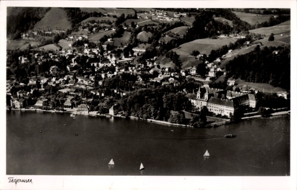 Postcard Tegernsee in Upper Bavaria, aerial view of lake landscape, mountains, sailboats