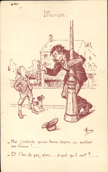 Artist Postcard Maurice, E., Drunk at the lamppost, child