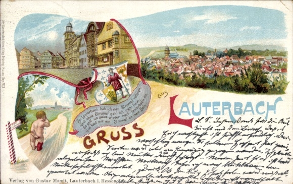 Chromo-Litho Lauterbach an der Lauter Vogelsbergkreis, stocking lost, crying child, panorama
