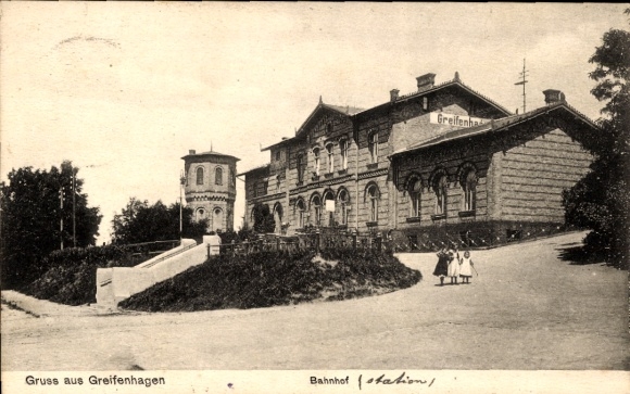 Postcard Gryfino Greifenhagen Pomerania, train station, water tower