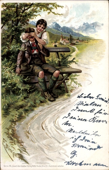 Künstler Litho Döcker, E., Bayrisches Paar auf einer Bank, Geschlossene Augen