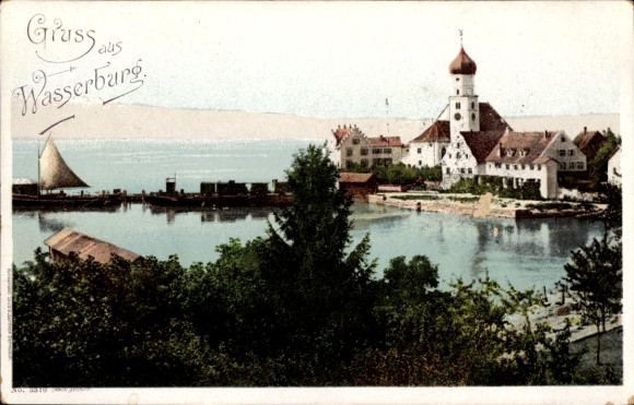 Postcard Wasserburg am Inn Upper Bavaria, view of lake, building, sailboat, rocks