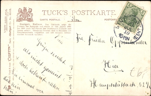 Artist Postcard Flower, Charles, Stuttgart in Württemberg, town hall and market square, Tuck 653B