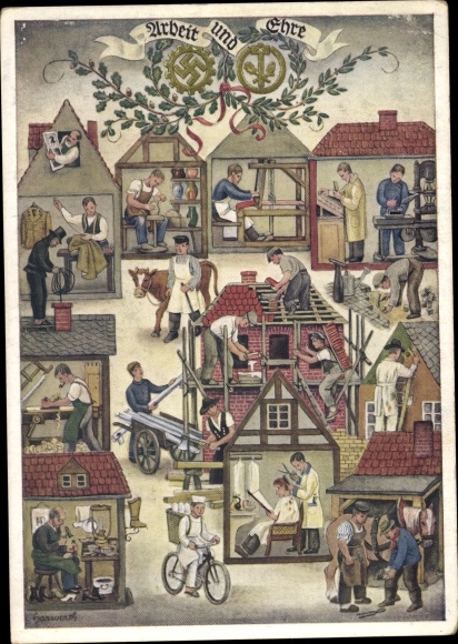 Künstler Ak Reichshandwerkertag 1936, Arbeit und Ehre, Friseur, Bäcker, Töpfer, Schornsteinfeger