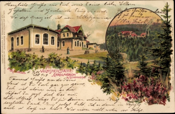 Artist Chromo-Litho Spindler, Erwin, Carolagrün Auerbach in Vogtland, people's sanatorium