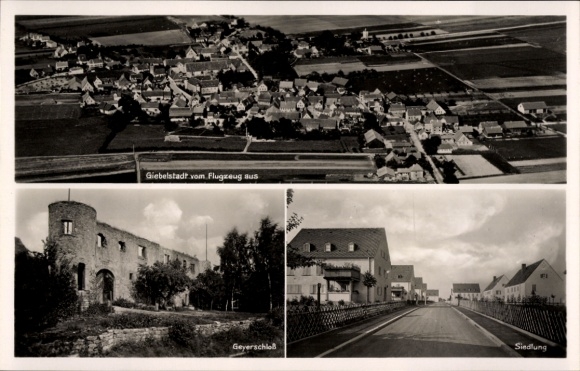 Postcard Giebelstadt in Lower Franconia, aerial view of Geyerschloß, modernized structures