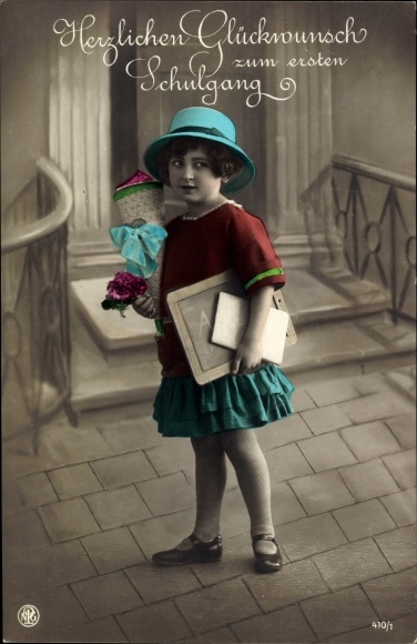 Postcard Congratulations on school enrolment, girl with a sugar cone and blackboard