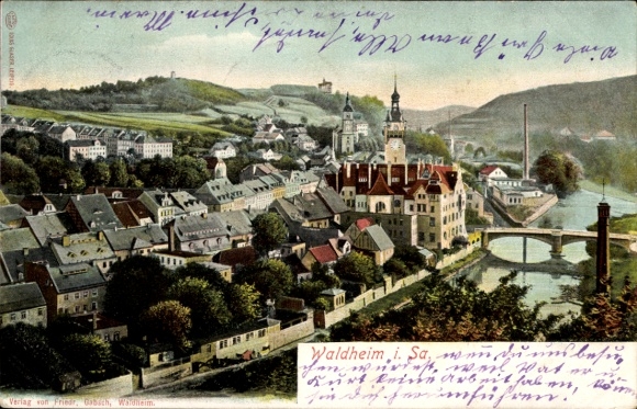 Postcard Waldheim in Saxony, view of the town with half-timbered houses, river, bridge, mountain landscape