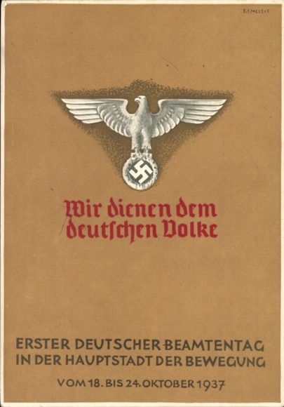 Postal stationery artist Postcard Semeleit, First German Civil Servants' Day 1937, We serve the German people