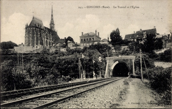 Ak Conches en Ouche Eure, Tunnel, Kirche, Gleise, Landschaft, Conches