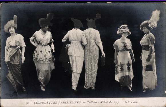 KP paryskie sylwetki, moda letnia 1913, damy w sukienkach, kapeluszach