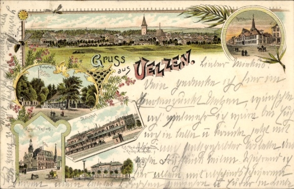Chromo-Litho Uelzen in Lower Saxony, total view, Fischerhof, train station, post office, town hall, high school