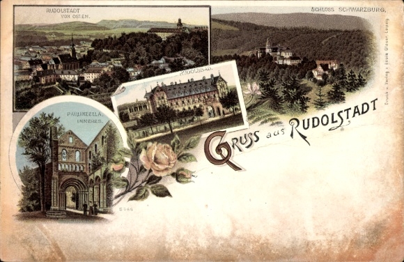 Chromo-Litho Rudolstadt, Rudolsbad, Schwarzburg Castle, Paulinzella