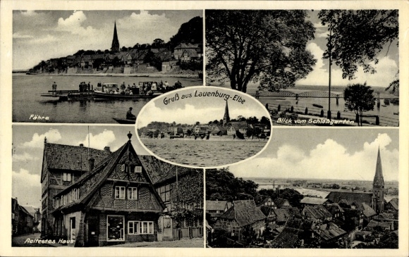 Postcard Lauenburg on the Elbe, general view, view from the castle garden, oldest house, ferry