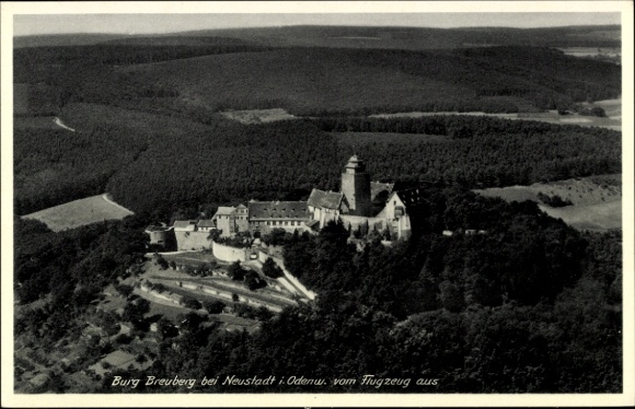 Postcard Neustadt Breuberg in the Odenwald, aerial view of Breuberg Castle, forest landscape
