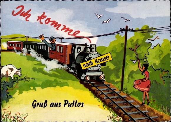 Postcard Putlos military training area near Oldenburg in Holstein, train home, cow, woman