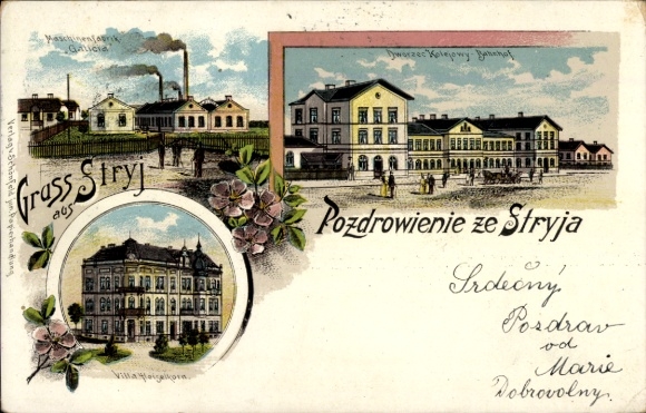 Chromo-Litho Stryj Stryi Ukraine, Machine Factory Galicia, Train Station, Villa Heiselkorn