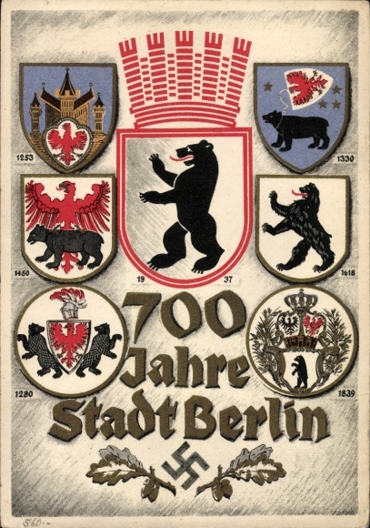 Coat of arms Postcard Berlin, 700th anniversary, city coat of arms since 1253 to 1937, Berlin bear