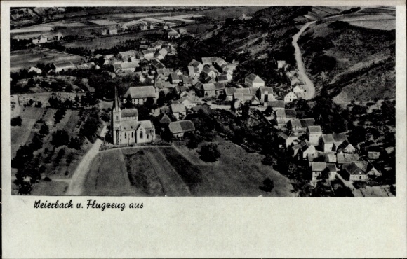 Postcard Weiherbach Weierbach Idar Oberstein an der Nahe, aerial view of church, houses, landscape