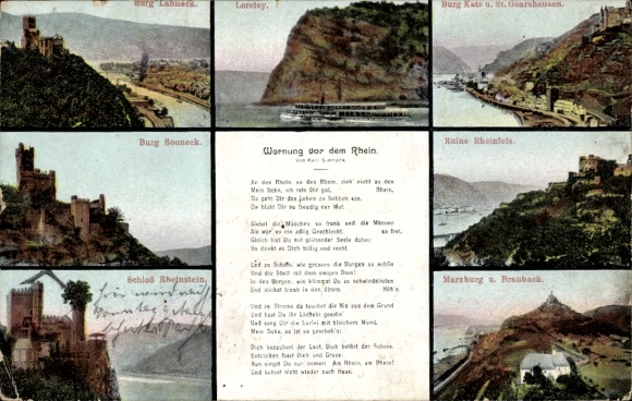 Postcard St. Goar am Rhein, Rheinfels Castle, Loreley, Rheinstein Castle, Katz Castle, warning about the Rhine