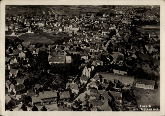 Postcard Lorsch on the Bergstraße Hesse, aerial view of many roofs, rural surroundings, black and white