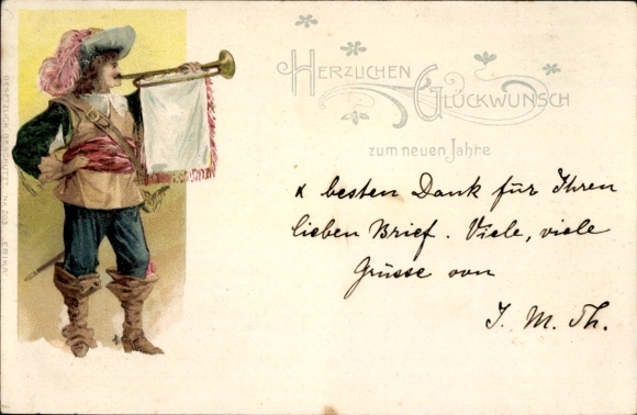 Postcard Berlin Pankow Karow, New Year's greeting with herald holding a flag with the inscription 'Happy New Year...'