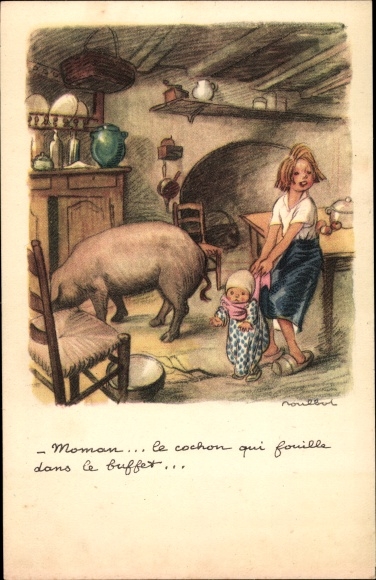 Artist PC Poulbot, Francisque, Ligue Nationale contre le Taudis, kinderen en varken in een keuken